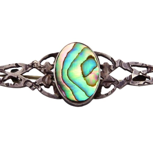 Antique Art Nouveau Sterling Silver Abalone Shell Cabochon Brooch Pin - Picture 3 of 4